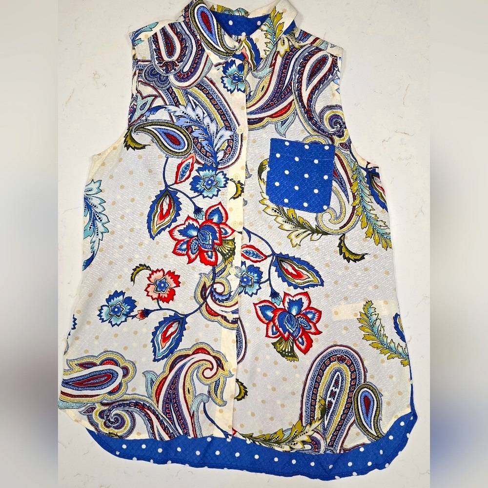 Chico's Red, White &Blue‎ Sleeveless Scrolling Orient Button Up Blouse Size 0
